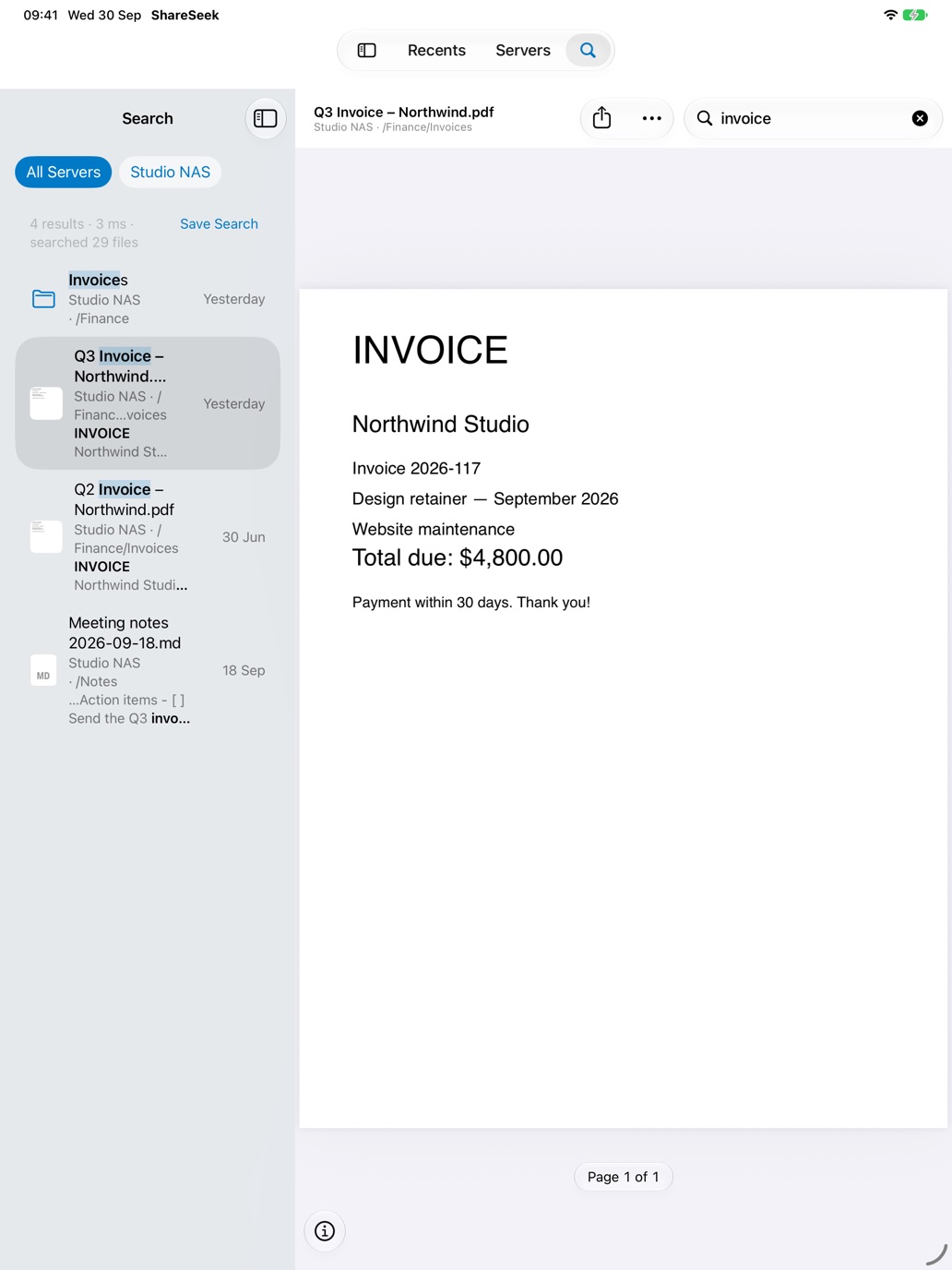 ShareSeek on iPad: search results beside a previewed PDF invoice