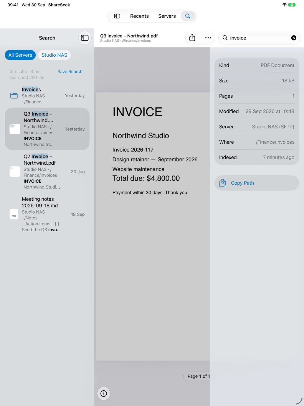 ShareSeek on iPad showing file info in the inspector
