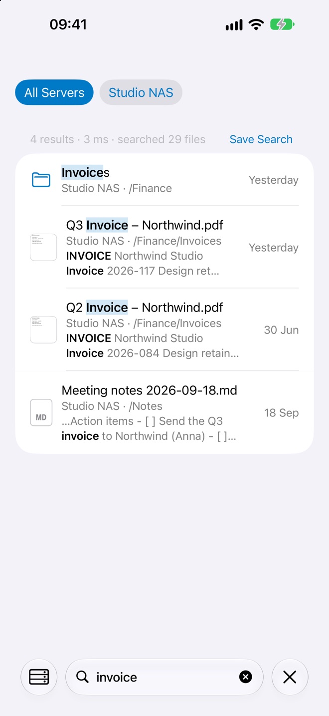 Searching for invoice finds two PDF invoices and a Markdown note, with the matching words highlighted