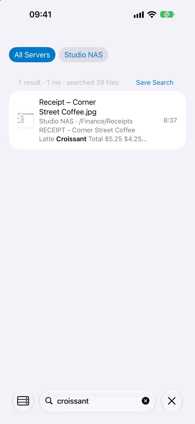Searching for croissant finds a photo of a coffee shop receipt by the text printed on it