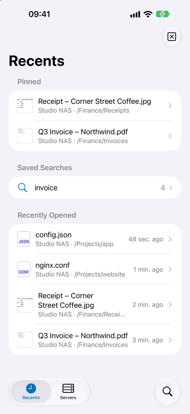 The Recents tab with pinned files, a saved search and recently opened files