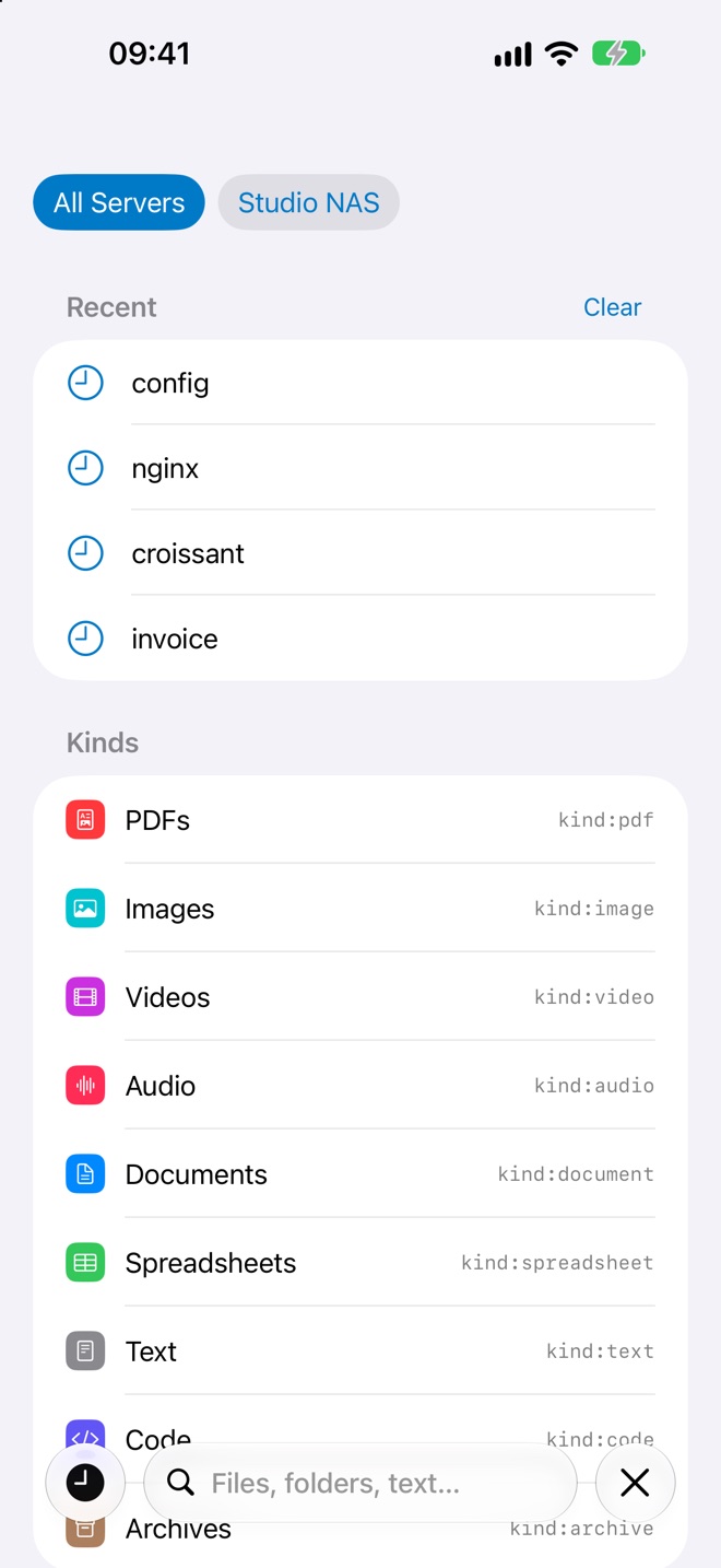 ShareSeek search screen showing recent searches and file kinds such as PDFs, Images, Videos and Spreadsheets